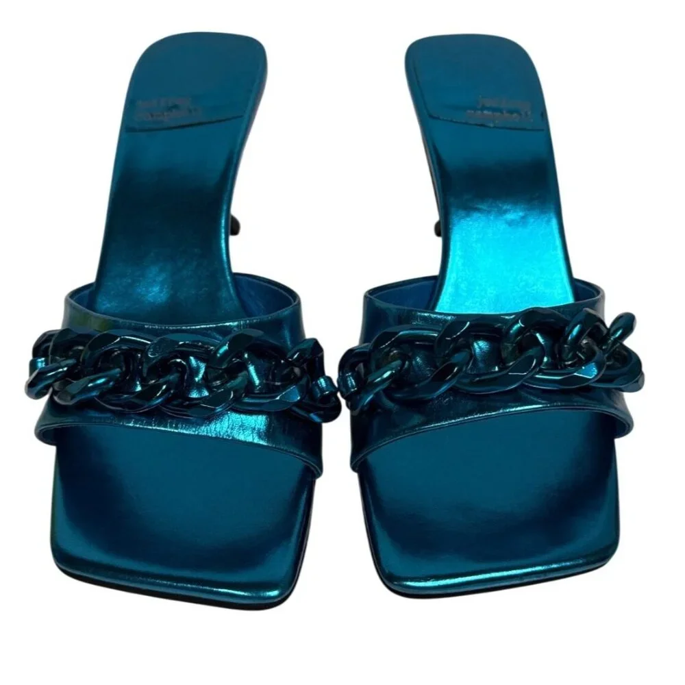 Jeffrey Campbell Mr Big Chain Slide Sandal Heel Blue Combo Size 8.5 Square Toe - Picture 2 of 10